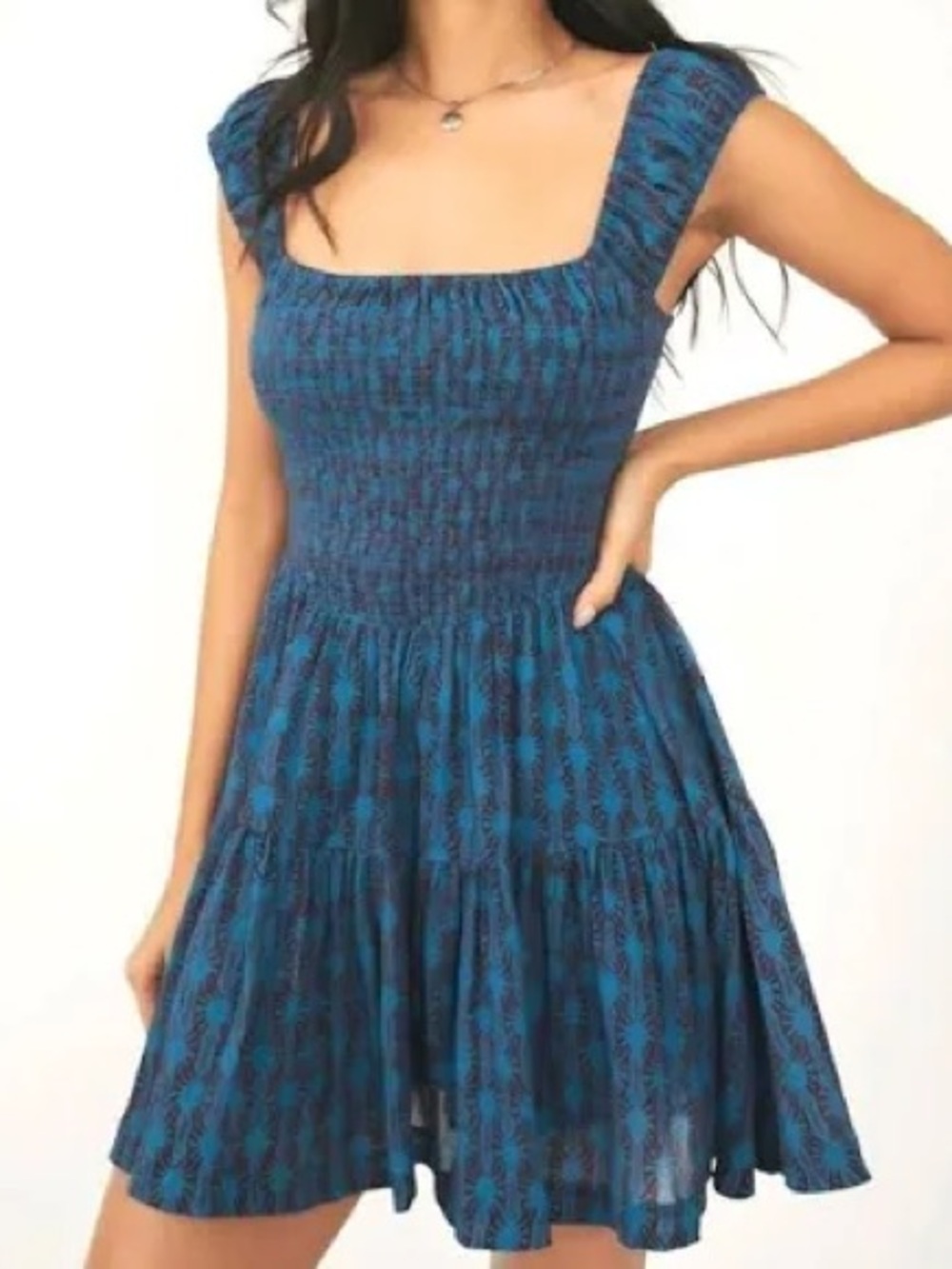 Free People Blue Smocked Tiered Mini Dress size medium